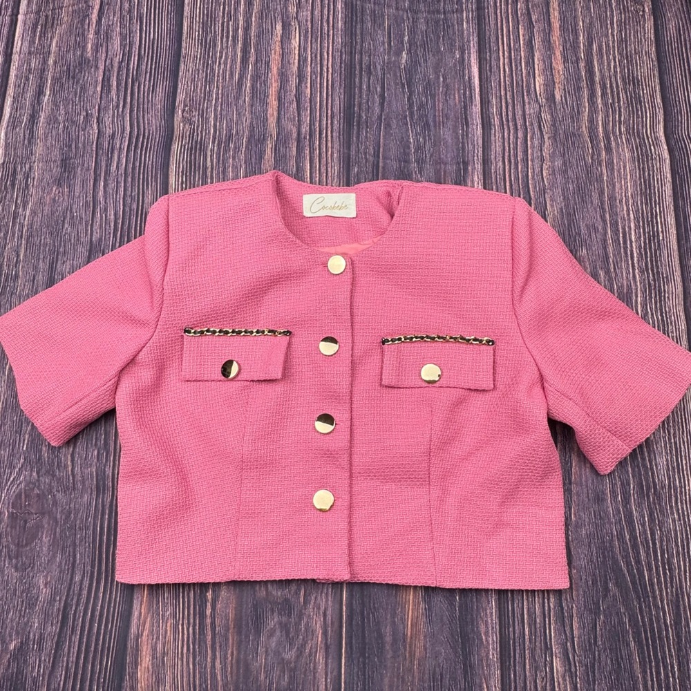 Cocobebe‎ Tweed Blazer Pink Textured Cropped Short Sleeve Preppy Chic Jacket